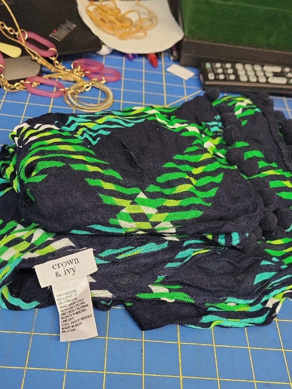 Crown & Ivy Navy Top with Green Blue Teal Accents Ball Tassel Trim 76" x 33" NWT
